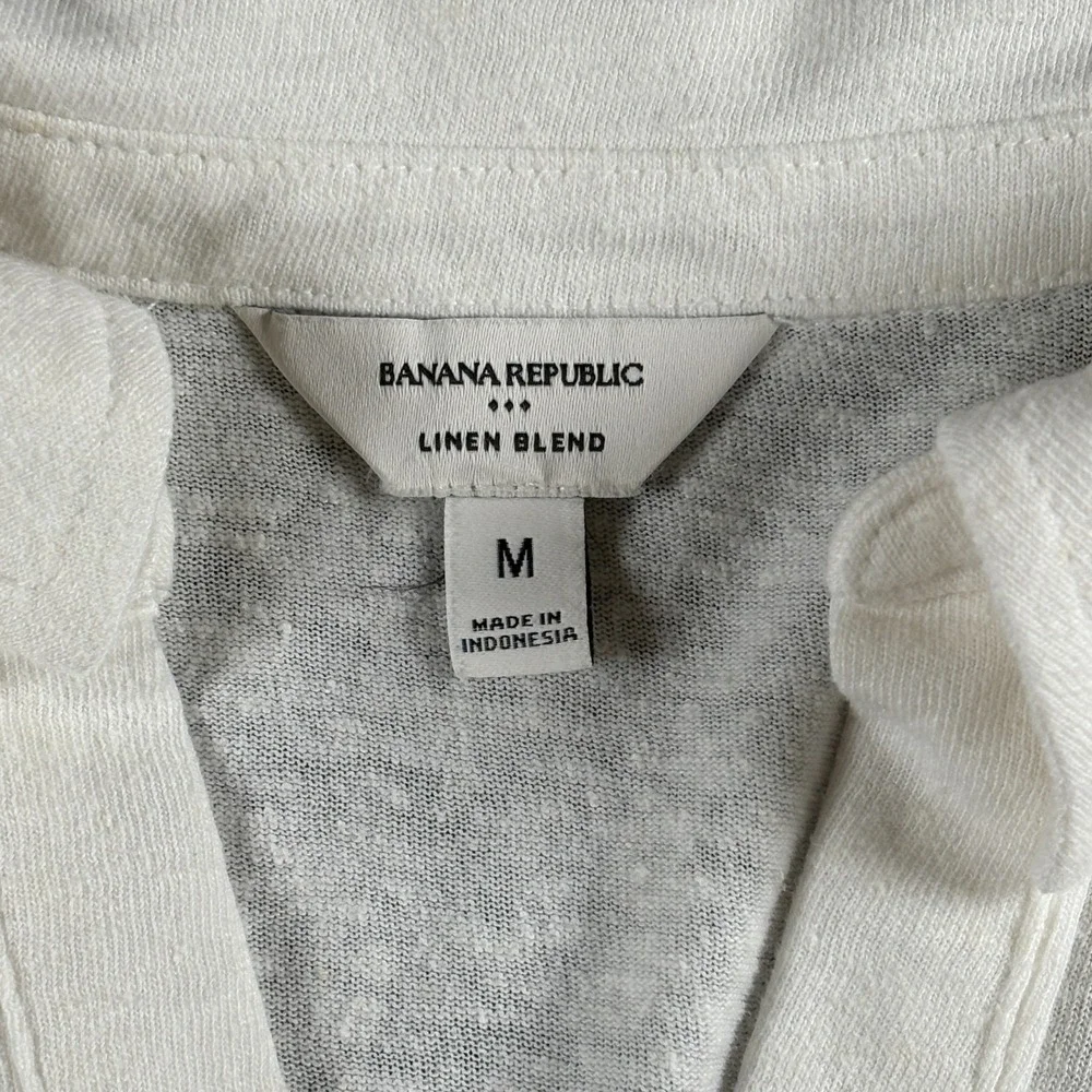 Banana Republic Polo Shirt Womens Medium White Linen Johnny Collar Cuffed Sleeve